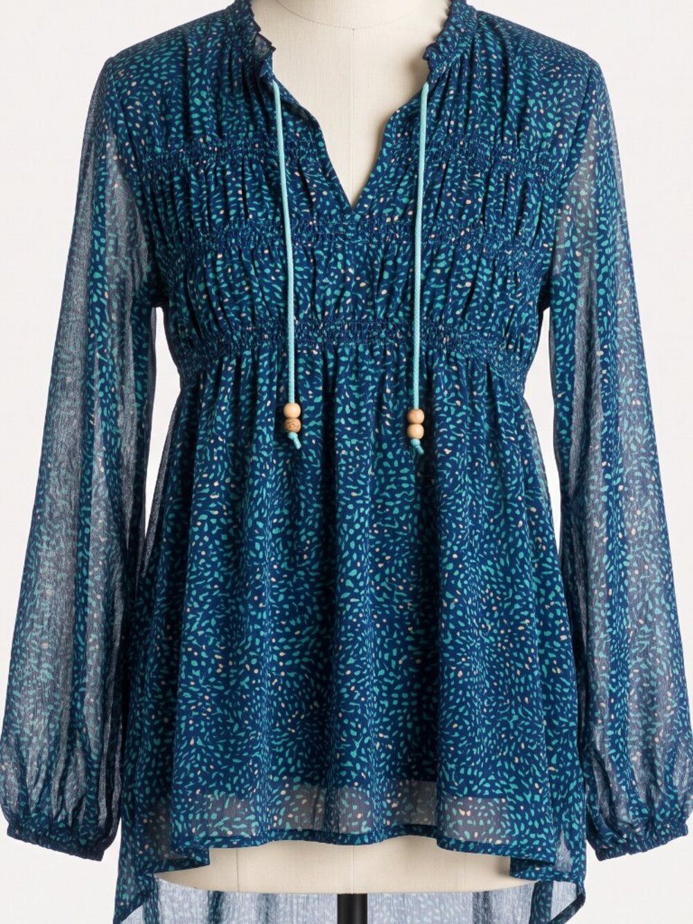 Roxy Teal Blue Sheer Smocked Boho Tunic Blouse High Low Top Small